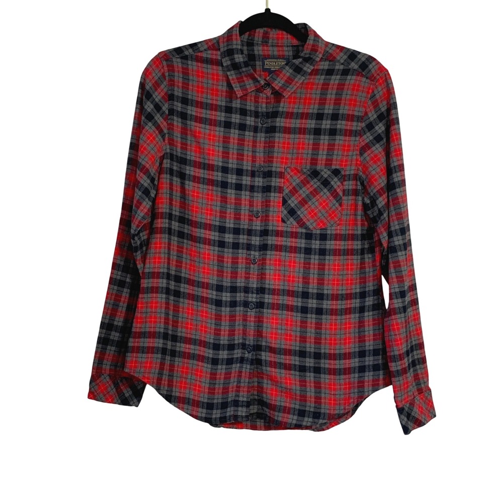 Pendleton Woolen Mills Plaid Flannel Shirt Women Med Button Down Red Gray‎ black